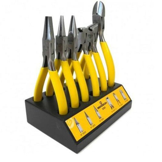 Bergeon 6283 corrugated nose pliers set with stand for precise watch accessory handling and repair tasks