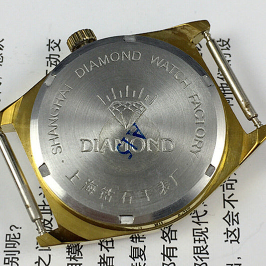 33mm Shanghai watch with diamond accents, manual mechanical movement, single calendar, 17 jewels.