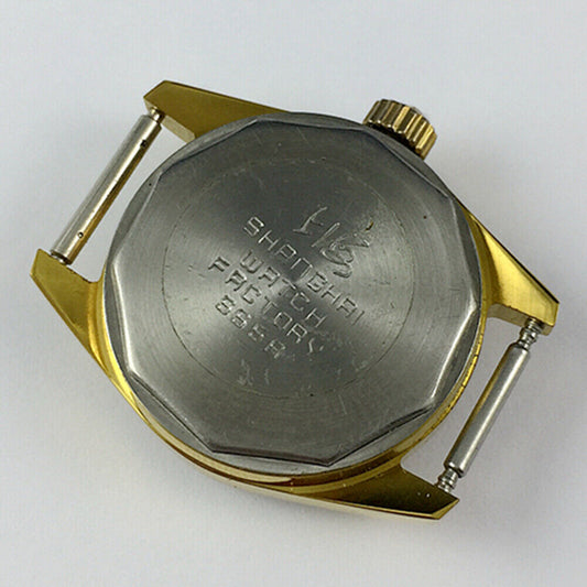 27mm China Made Lady Manual Mechanical Watch with 17 Jewels, dark green dial, golden nail markers.