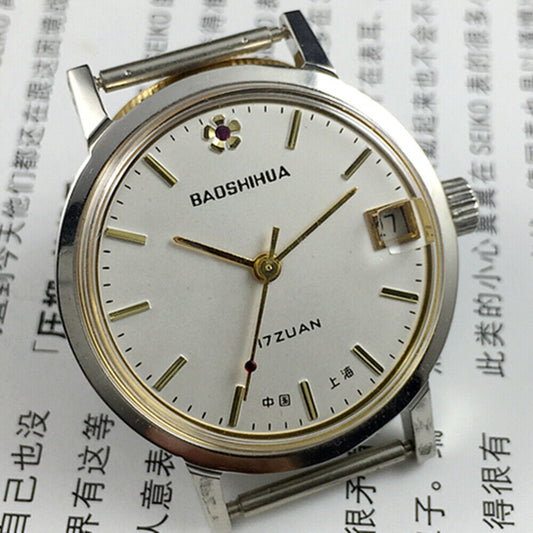 33mm Shanghai manual mechanical watch with single calendar, 17 jewels, shock-resistant design.