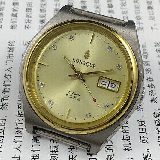 Golden dial 38mm automatic mechanical watch with double calendar, 17 jewels, elegant design, China Made brand.