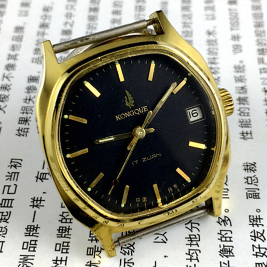 34mm Kongque black manual mechanical watch with 17 jewels and single calendar display.