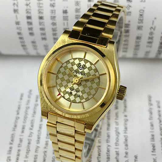 Shanghai Made Lady 26mm manual mechanical watch with 19 jewels, golden flower grid dial, elegant design.