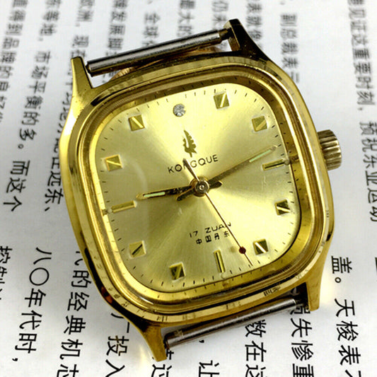 33mm Kongque manual mechanical watch with golden square dial, 17 jewels, crafted in China.