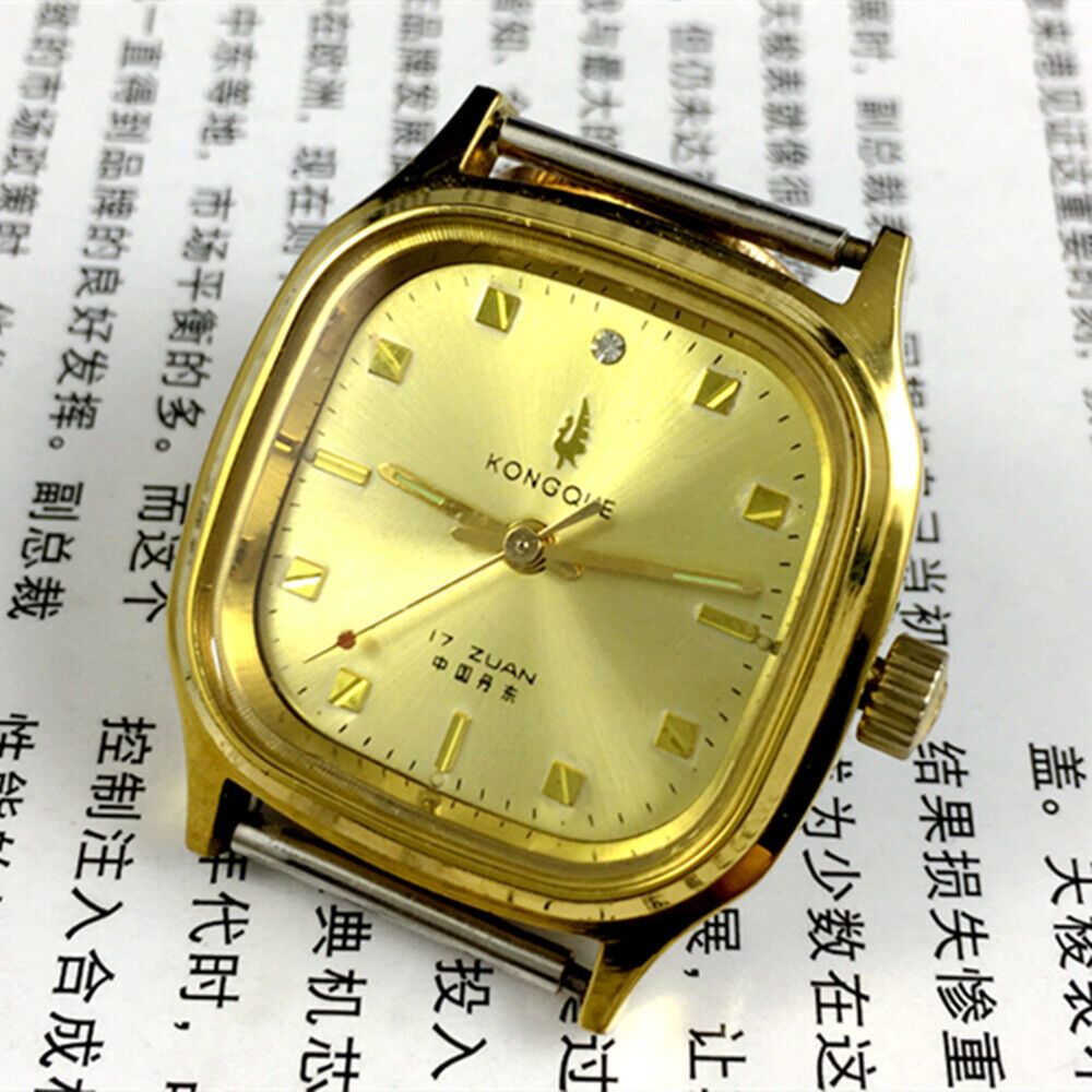 33mm Kongque China Made Manual Mechanical Watch 17 Jews Golden Dial Square Case