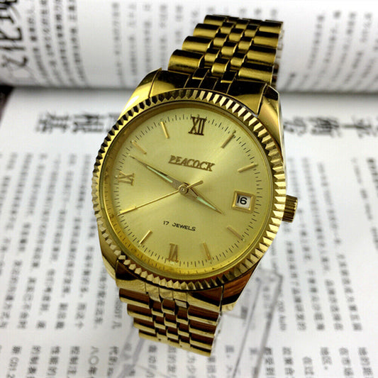 38mm Peacock manual mechanical watch with 17 jewels, single calendar, elegant design by Peacock brand.
