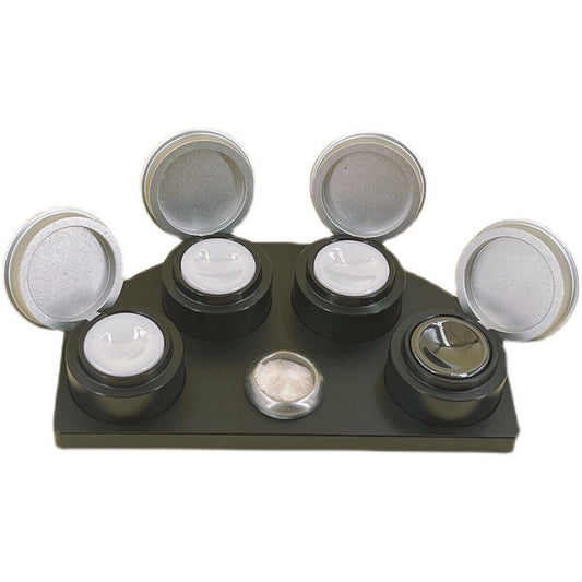 Die-cast alloy oil cup stand with 4 black ceramic containers for watch repair.