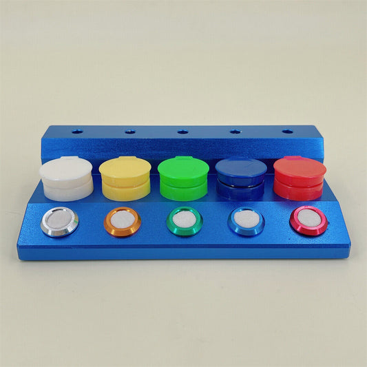 Blue die-cast alloy watch oil cup stand with 5 containers for precise watch repair.