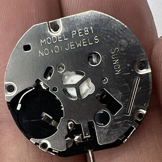 Sunon PE81 quartz watch movement with 3 hands, date at 3, and small seconds at 3, 6, 9 positions.