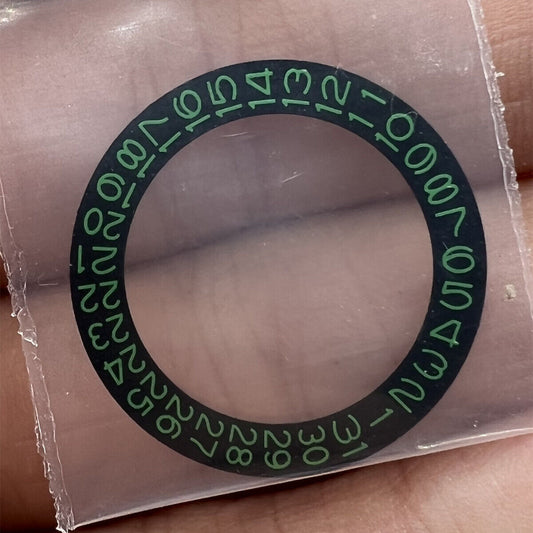 Green date wheel with clear numerals for NH35 NH36 movements, black background enhances visibility.