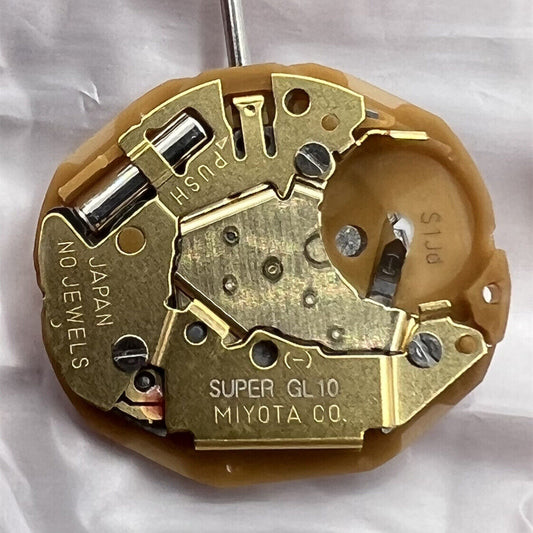 Miyota GL10 Japan quartz watch movement with 3 hands and date display at 3 o'clock, precision crafted.