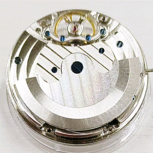 China Made automatic watch with mechanical movement, bare balance wheel, 2 hands, and moon phase display.