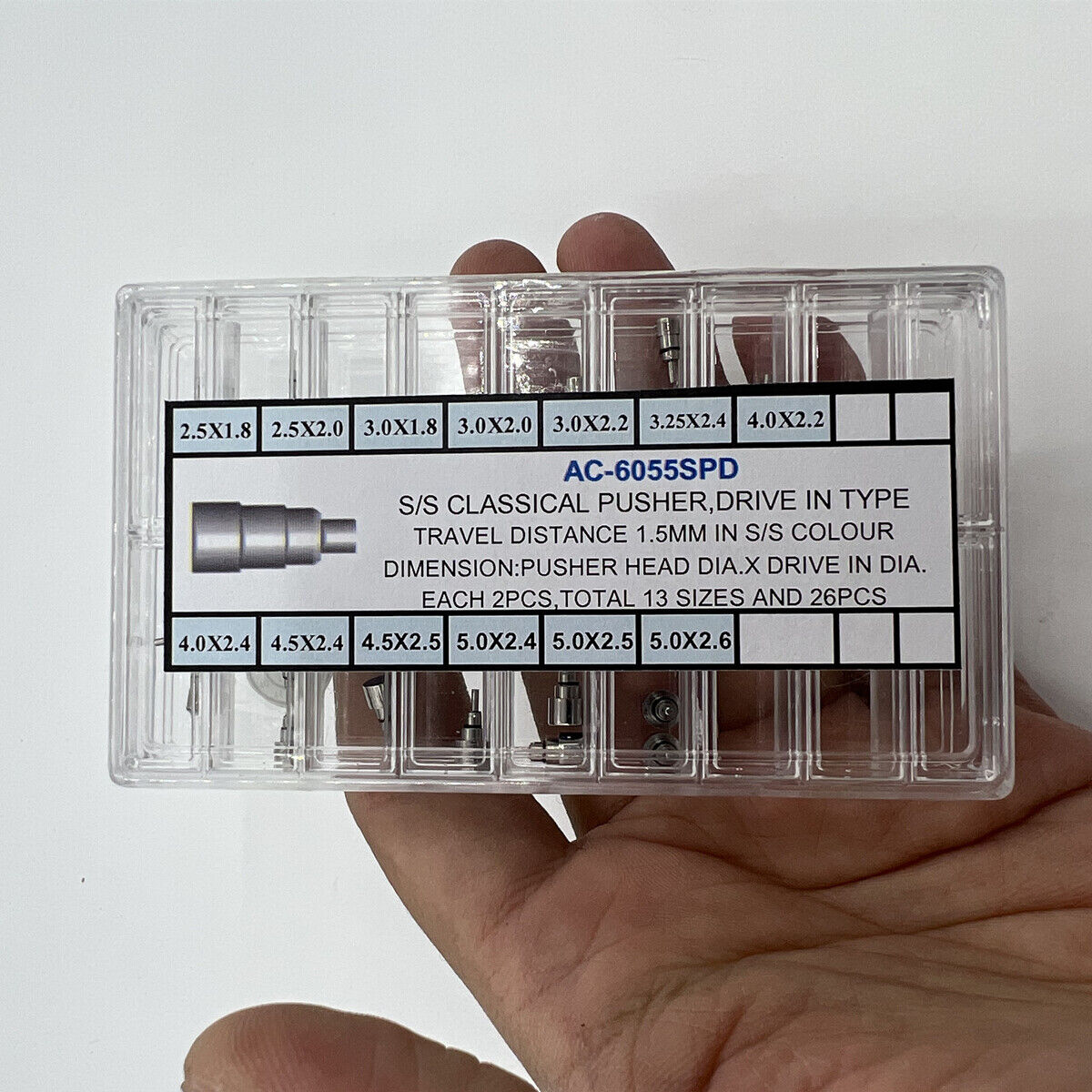 Classical stainless steel chronograph button set, 26PCS screw-in pushers for watch repairs.