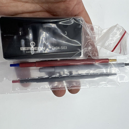 Bergeon 7404-S03 watch hand fitting tools set of 3 with sturdy base for precise watch repair tasks