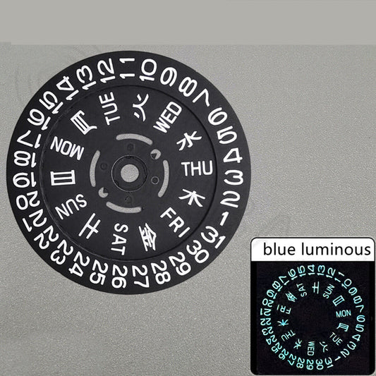 Blue-green lume black date and week wheels for NH36 movement, enhancing watch accessory accuracy and style.