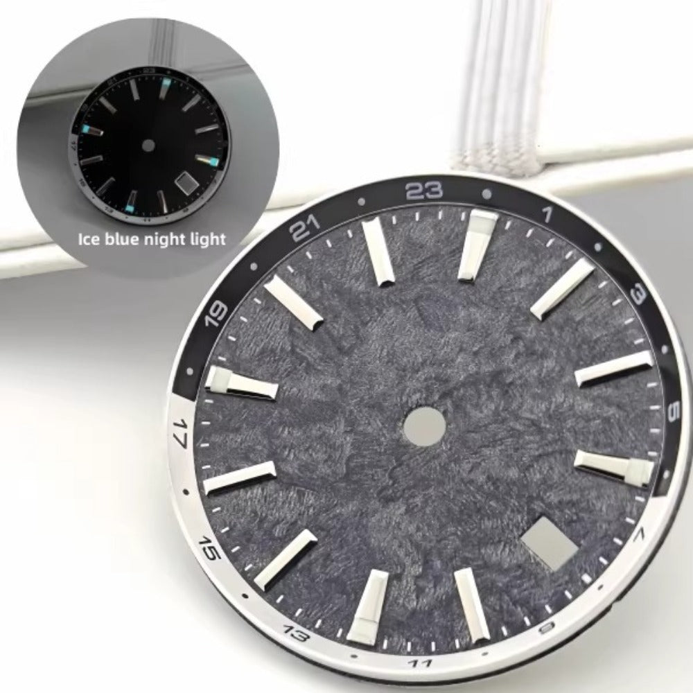 Black Vein 32mm Tai Chi Circle watch dial with blue lume, compatible with NH34 movement for 44mm cases.