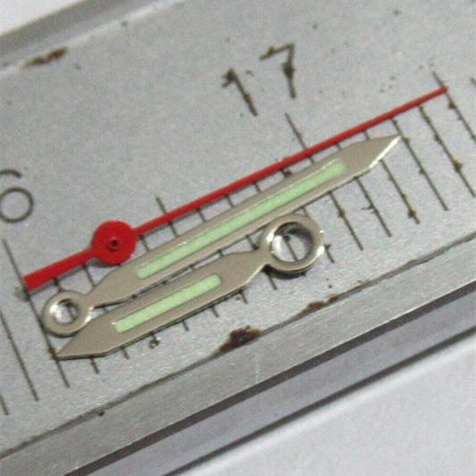 Silver trim green lume watch hand with red second hand for Miyota 2035, 2115, 2105, 2305 movements.