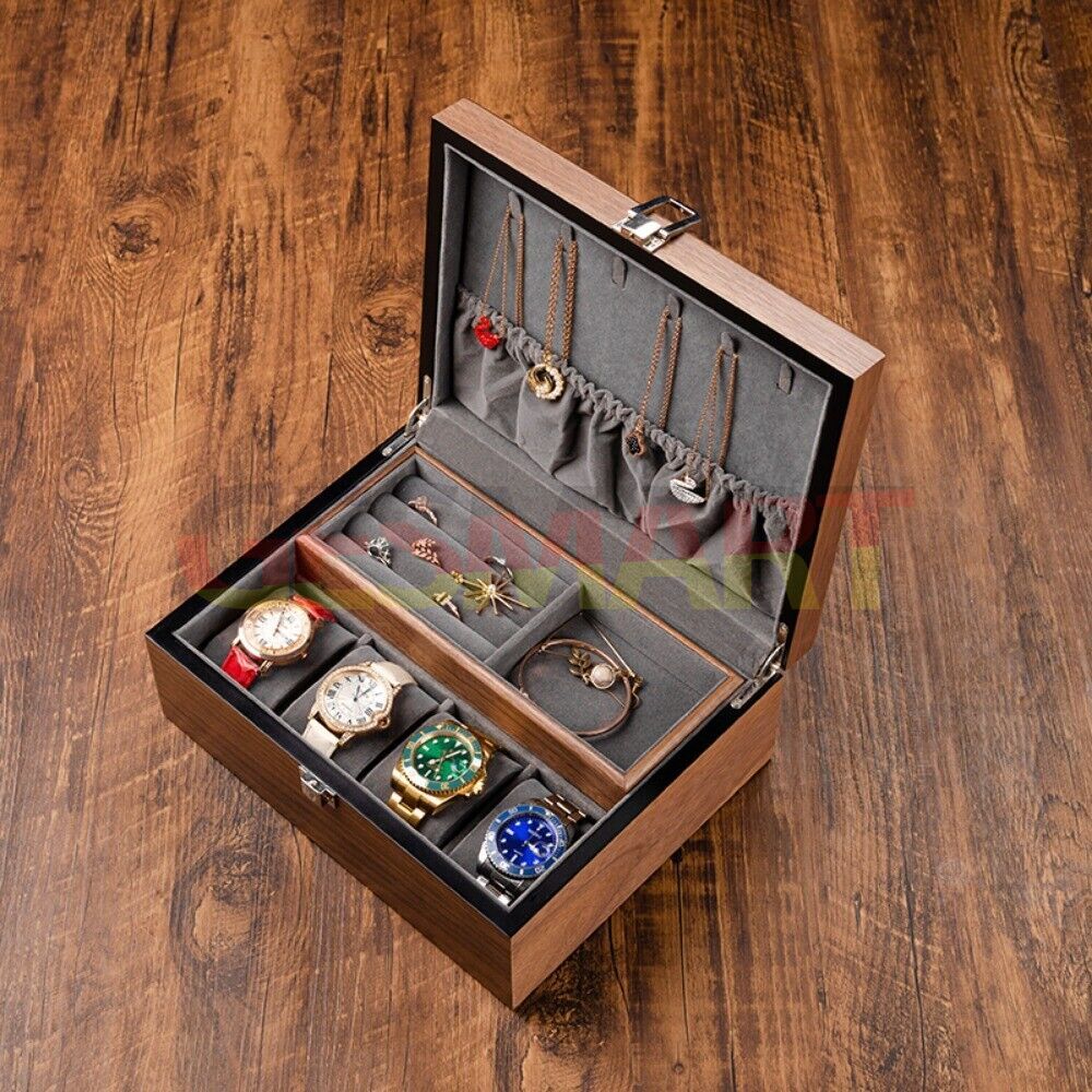 Walnut wood watch box organizer, 4-slot double-layer storage for elegant watch display