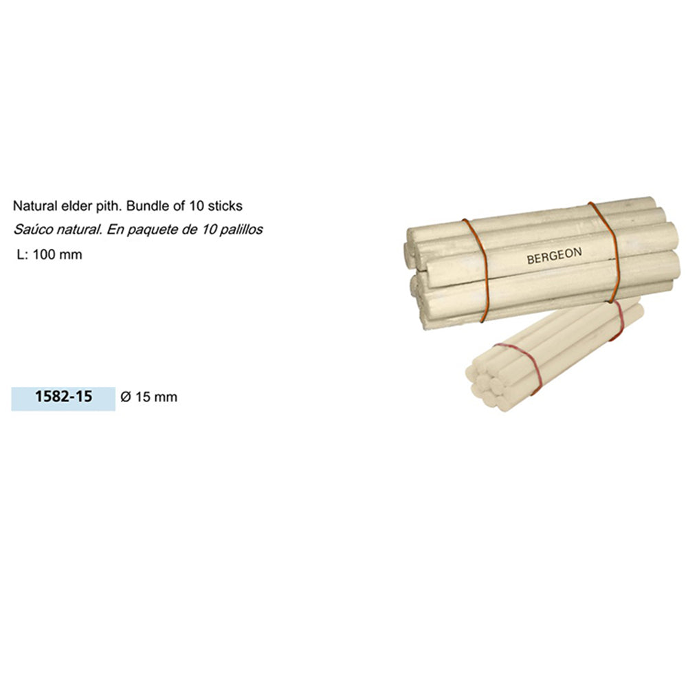 Bergeon 1582-15 pack of 10 elder pith sticks �15mm, ideal for precise watch cleaning and maintenance.