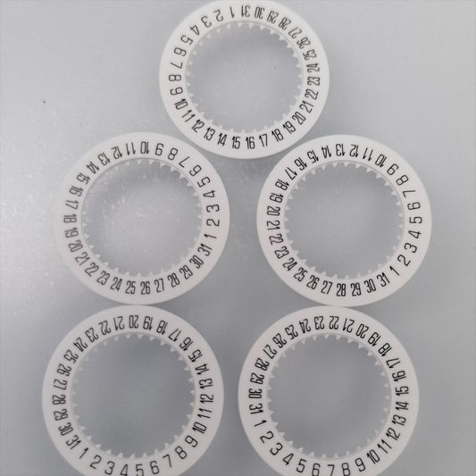 Set of 3 white date disk wheels for Miyota 6T15/6T51 watch movements, date at 6 o'clock.