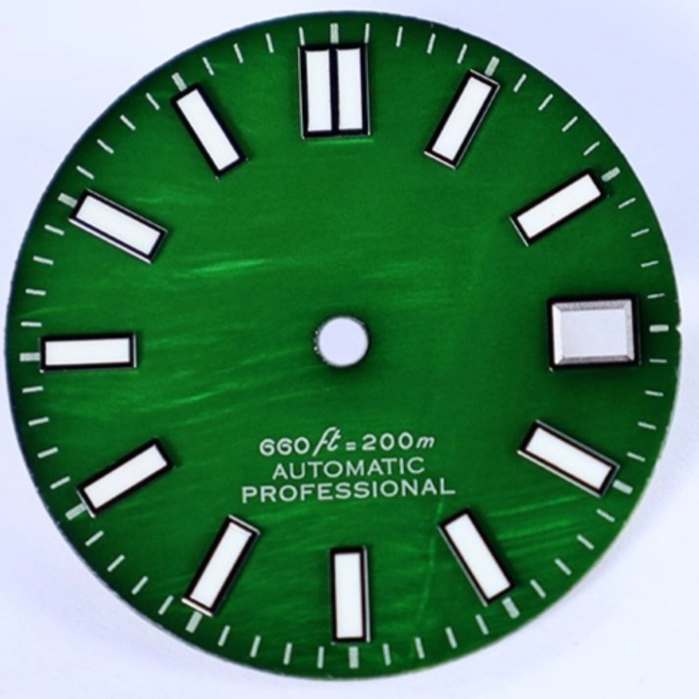 Grass Green 28.5mm NH35 watch dial with blue lume, natural seashell vein texture for unique timepieces