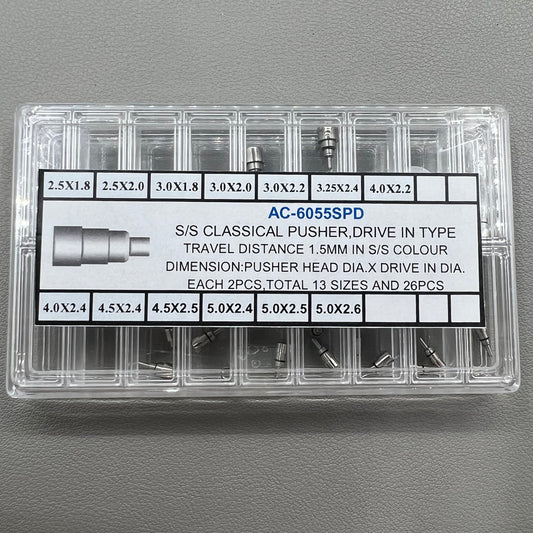 Classical stainless steel chronograph button watch pusher screws set, durable 26-piece kit for repairs.