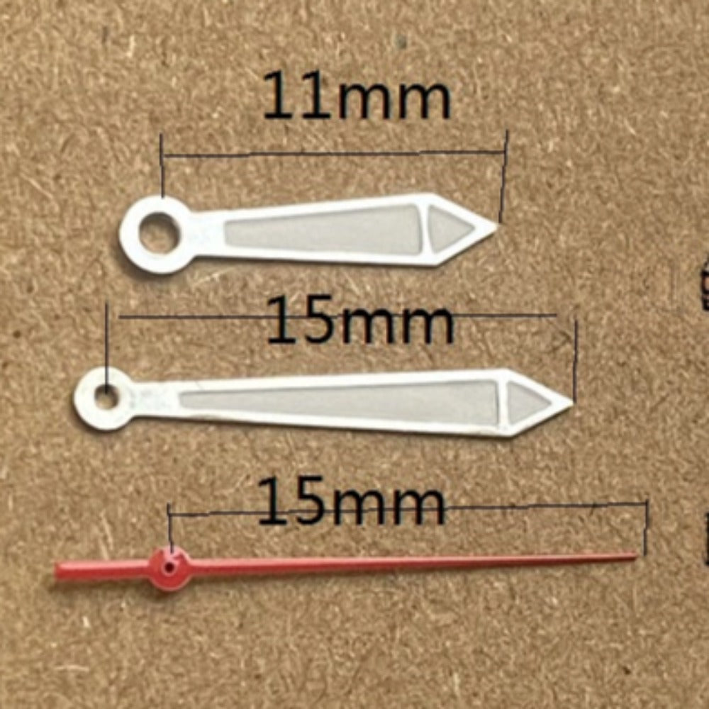 15mm watch hands with red second hand, silver trim, and green lume for Ronda 515 quartz movement.