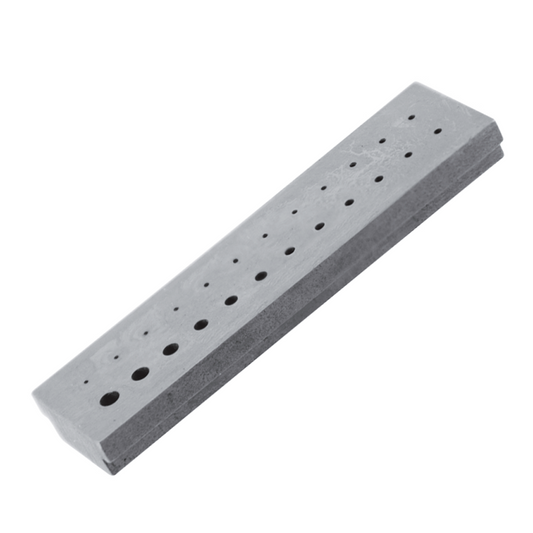 Bergeon 1901 hardened steel riveting stakes set with 24 holes, 0.5-2.2mm for precise watch repairs.