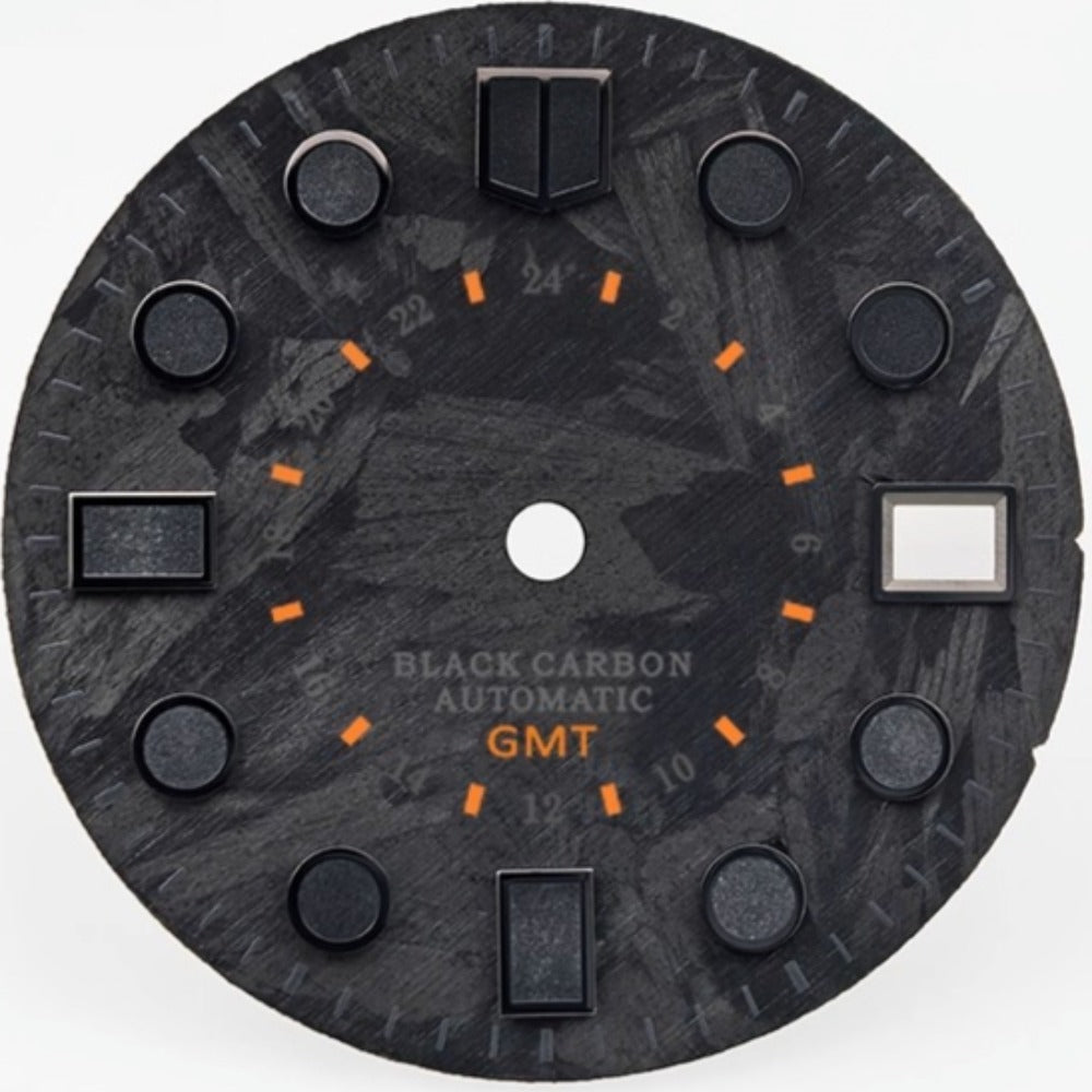 Round orange font GMT watch dial 28.5mm carbon fiber, lume for NH34/35 movement