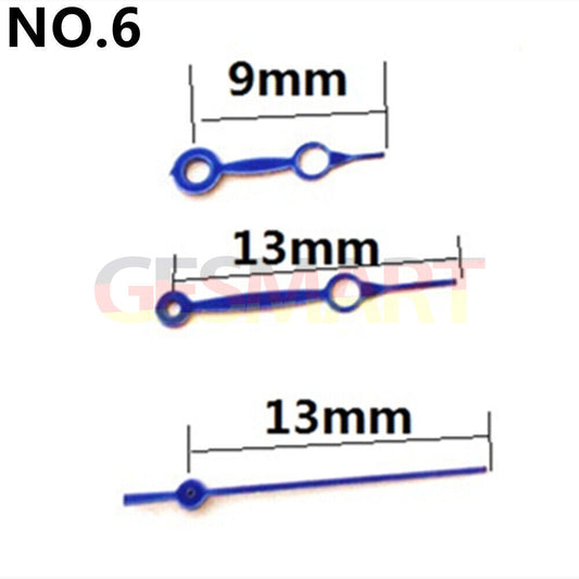 13mm blue hollow watch hands with no lume, compatible with Miyota 2035 quartz movement by #6 brand.