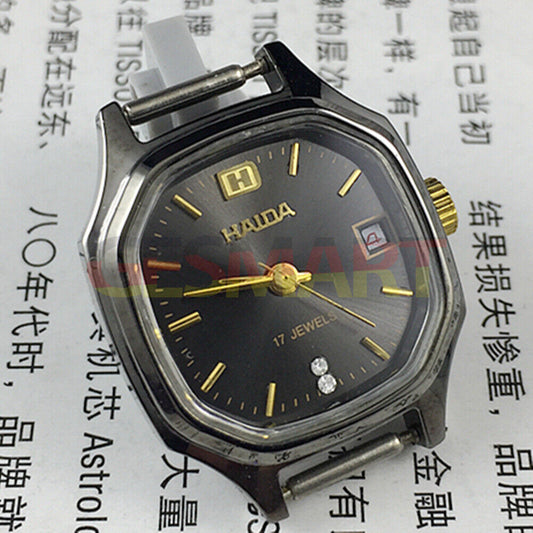 HAIDA 24mm manual mechanical lady watch with black dial and octagonal case, 17 jewels for precise timekeeping.