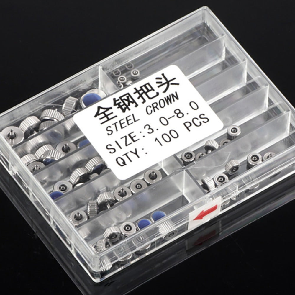 1. Silver stainless steel watch crowns kit with 3-8mm quartz replacement parts for repairs.