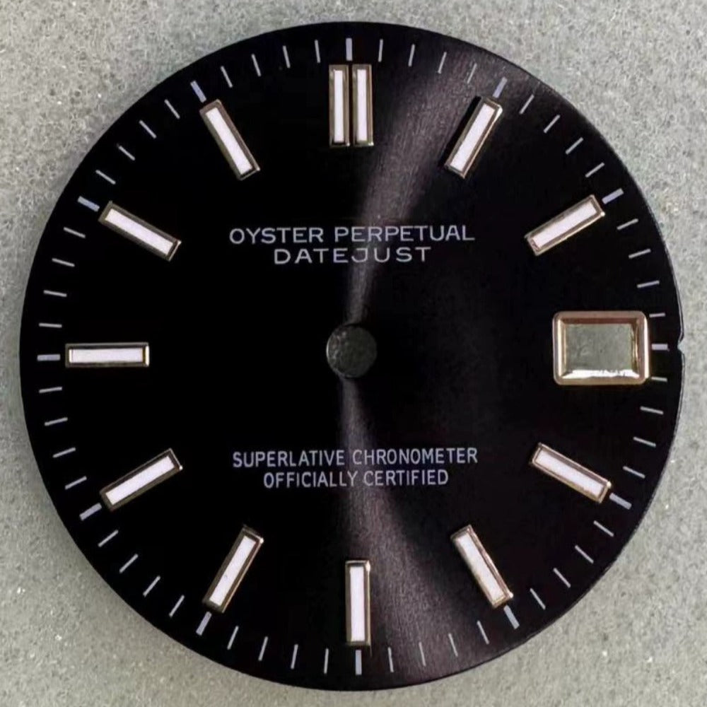 1. Black dial with golden trim and green lume, designed for NH35 movement in watch accessories.