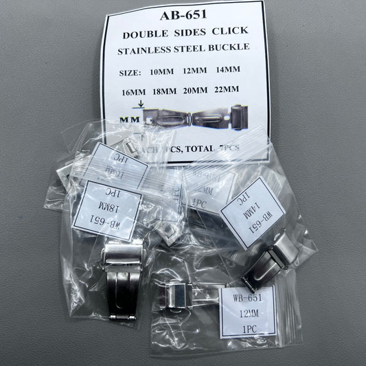 Set of 7 silver stainless steel watch buckles, 10-22mm, polished double-sided for secure clicks.