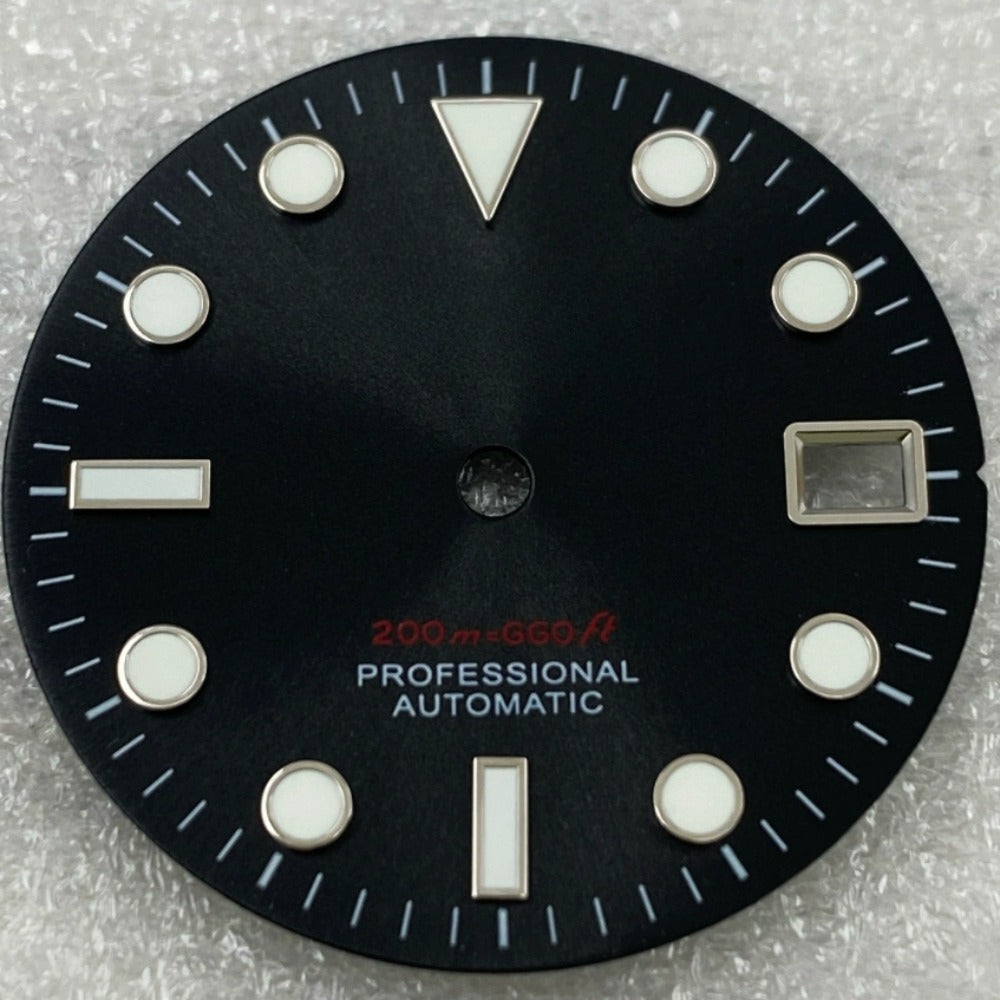 Green lume nail watch dial with silver trim on black background, compatible with NH35/36 movement.
