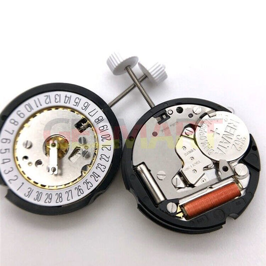 Ronda 585 quartz watch movement with date window at 3 o'clock, reliable timekeeping component for accessories.