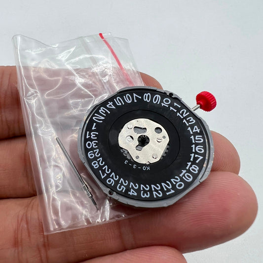 MIYOTA 2415 quartz watch movement with date at 3, black disk, original Japanese precision by Miyota.