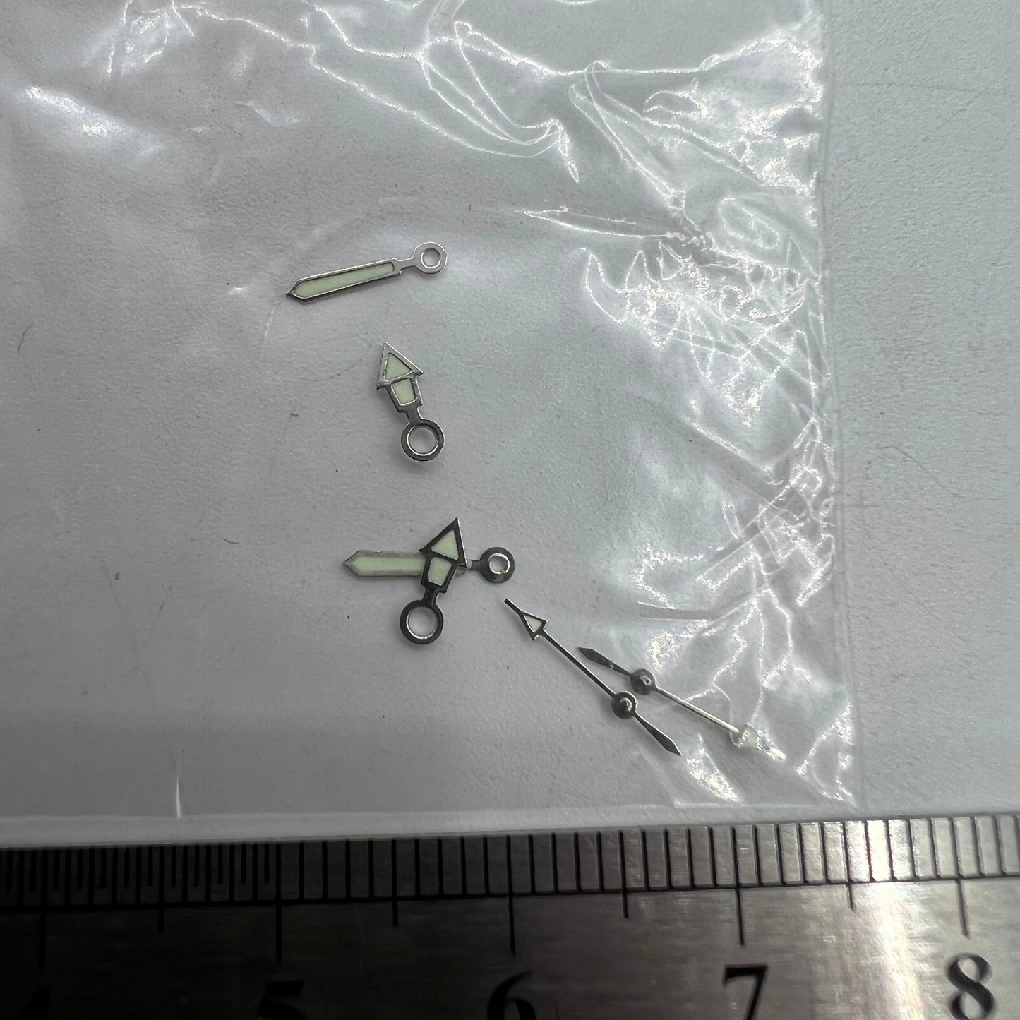 Luminous silver watch hands for Miyota 2035 movement, sizes 12mm, 10mm, 7mm, model #1523.