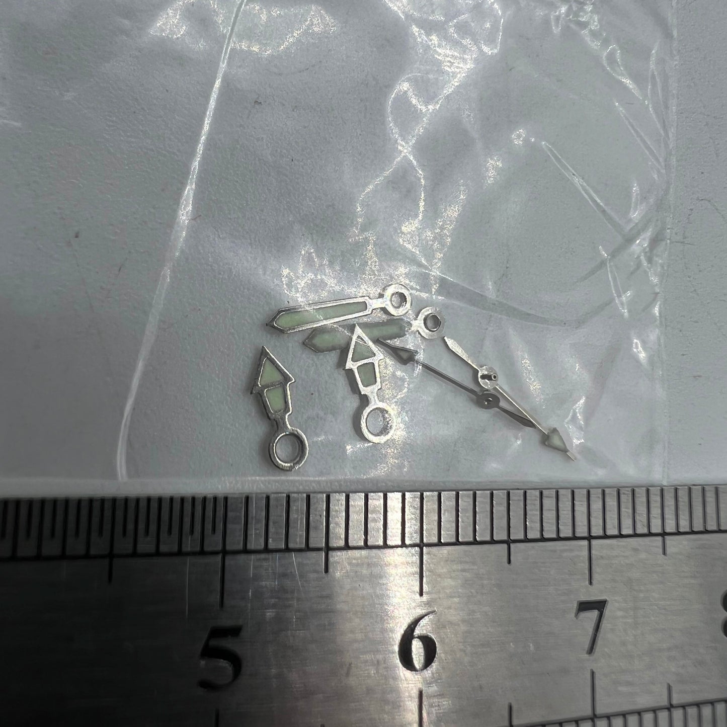 Luminous silver watch hands for Miyota 2035, sizes 12mm, 10mm, 7mm - model 1523.