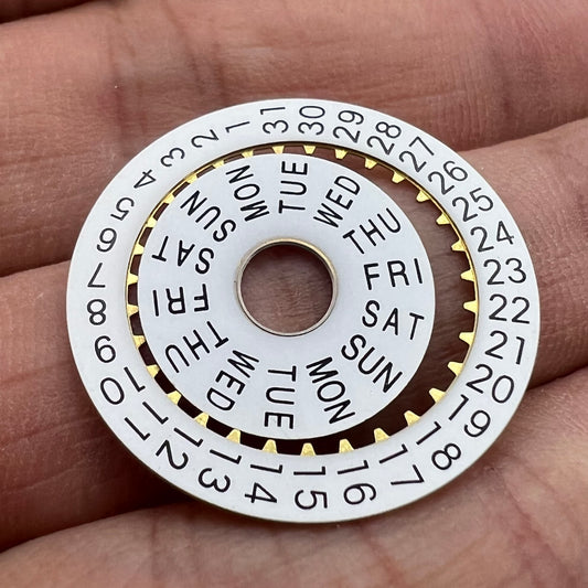 Pilot white date and week disk wheels for ETA 7750 watch movement, precise replacement parts.