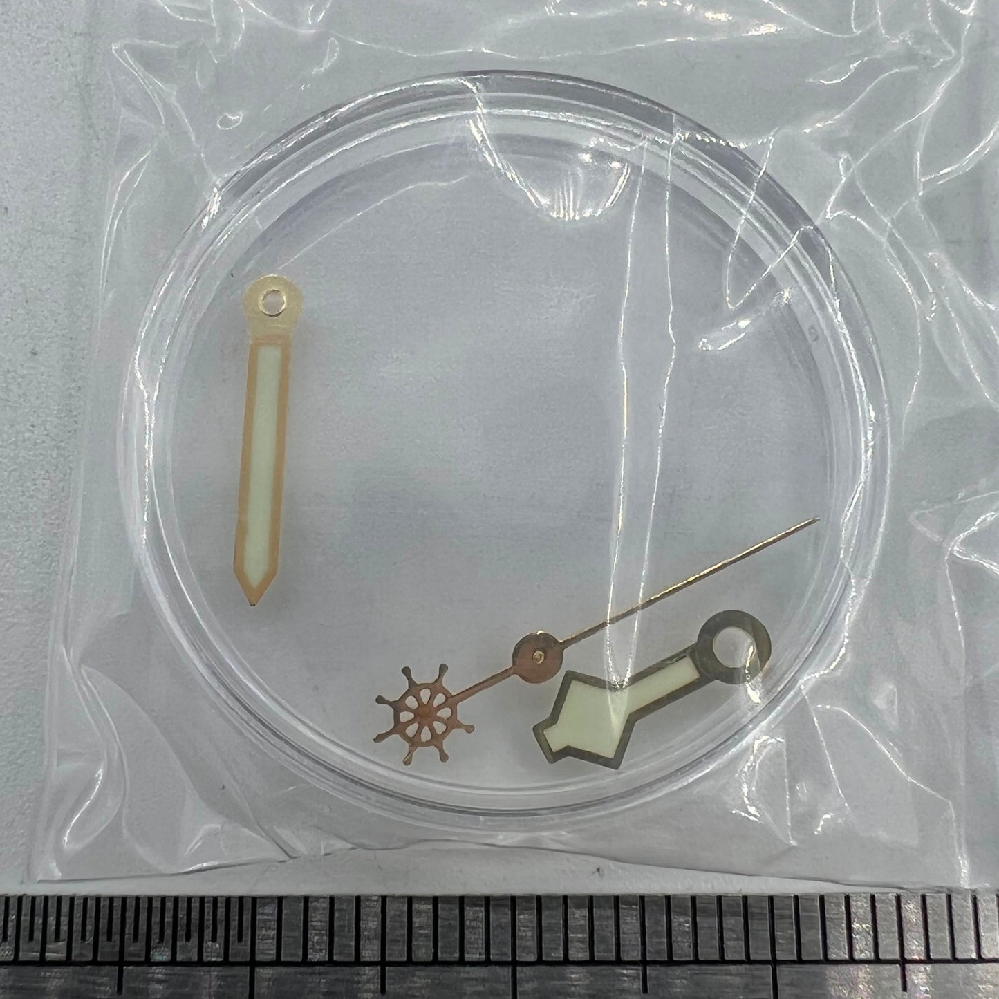 Green lume snowflake watch hands with gold trim for Miyota NH35/36, 4R, 7S, NH38 movements.