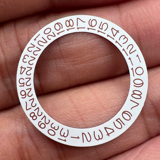 Brown character date disc for NH35 NH36 watch movement, date position 3, white background, Seiko compatible.