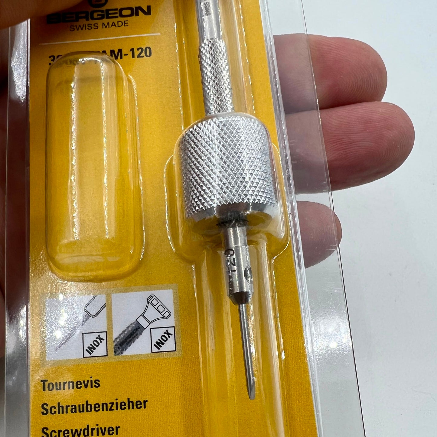 Bergeon 30081-TAM-120 1.20mm Swiss drum barrel screwdriver for precise watch repair tasks.