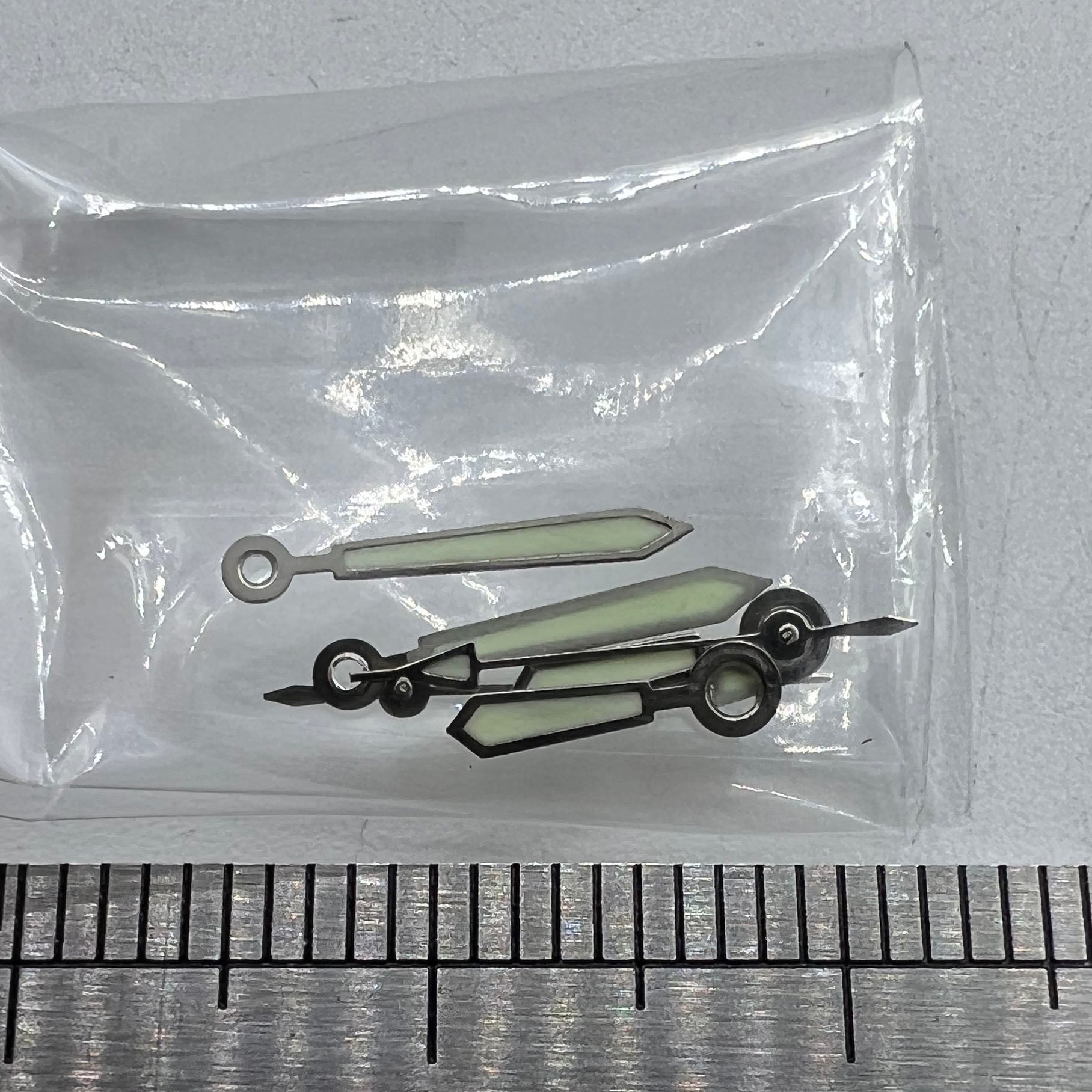 Luminous watch hands set for Miyota 2115 movement, sizes 12mm, 11mm, and 8mm, perfect for watch repair.