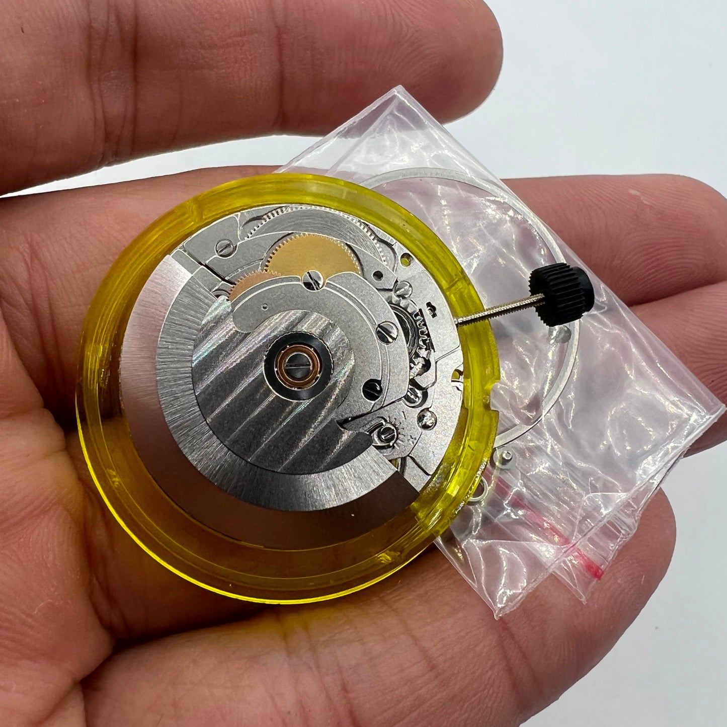 Close-up of ST2130 Seagull automatic watch movement with silver finish, compatible with ETA 2824, 28800VPH.