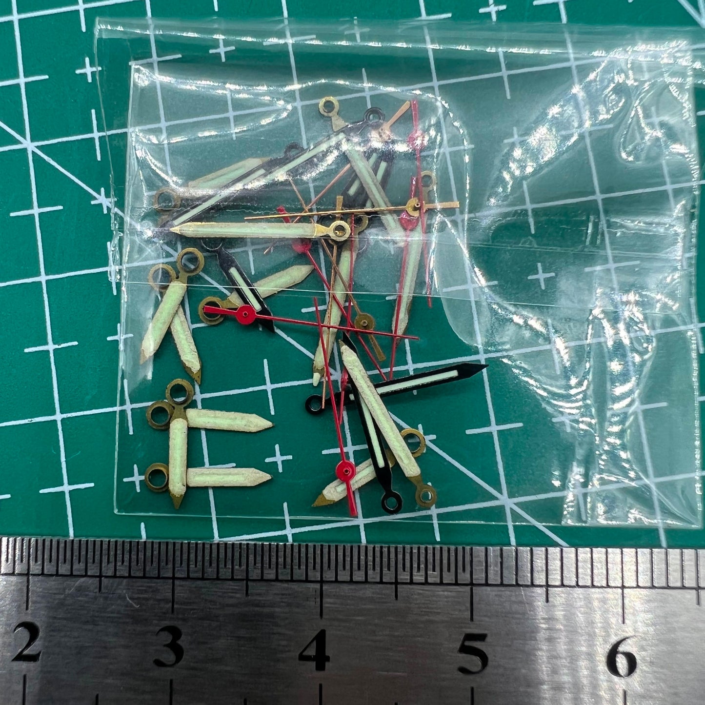 Red watch second hand with black trim and green lume, compatible with Miyota 2035, 2115, 2105 movements.