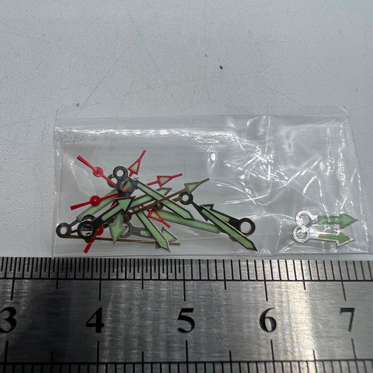 Arrow-shaped green luminous watch hands set for Miyota 2035, 2115, 2105, 2305 movements.