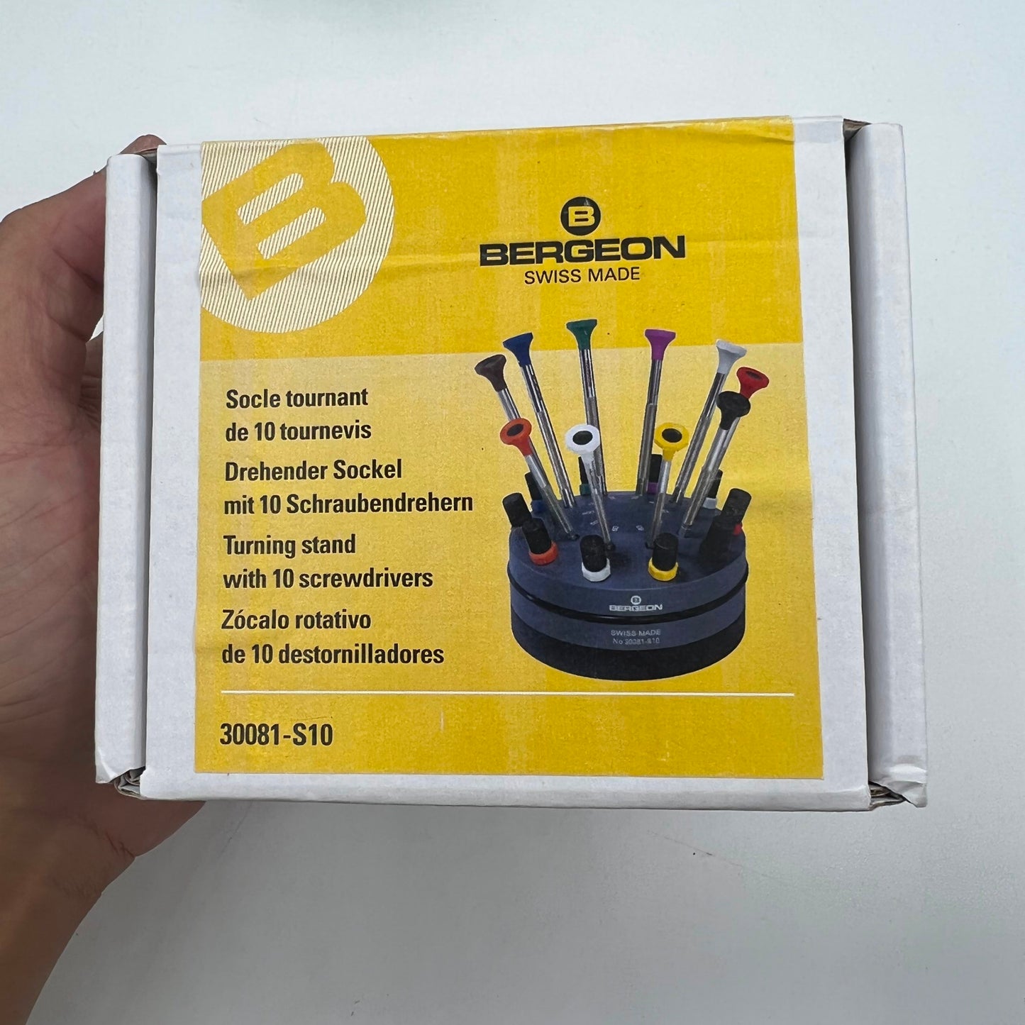 Bergeon 30081-S10 ergonomic watchmakers screwdrivers set with rotating stand for precise watch repair.