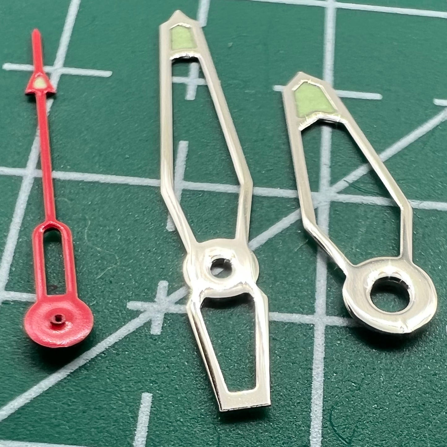 Green luminous hollow watch hands set compatible with Miyota 2035/2115/2105/2305 movements, ideal for watch repair.