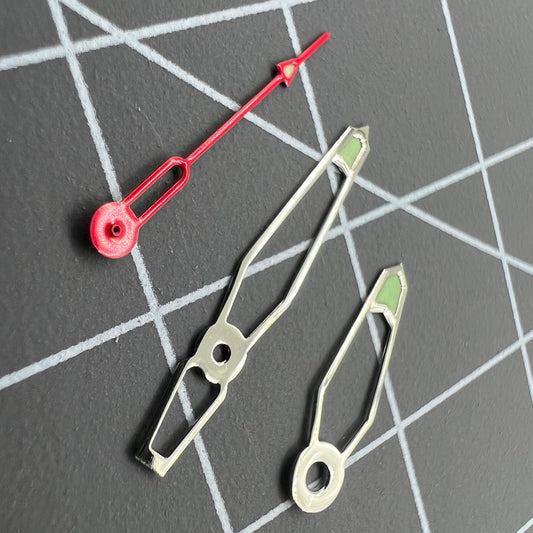 Hollow green luminous watch hands set compatible with Miyota 2035, 2115, 2105, 2305 movements.